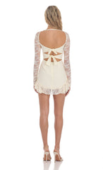 Long Lace Sleeve Ruffle Dress in Cream