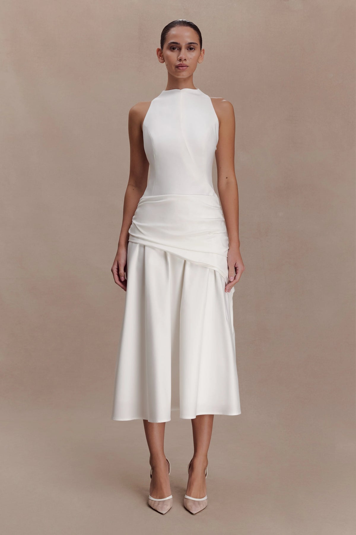 Emily Wrapped Waist Midi Dress - White