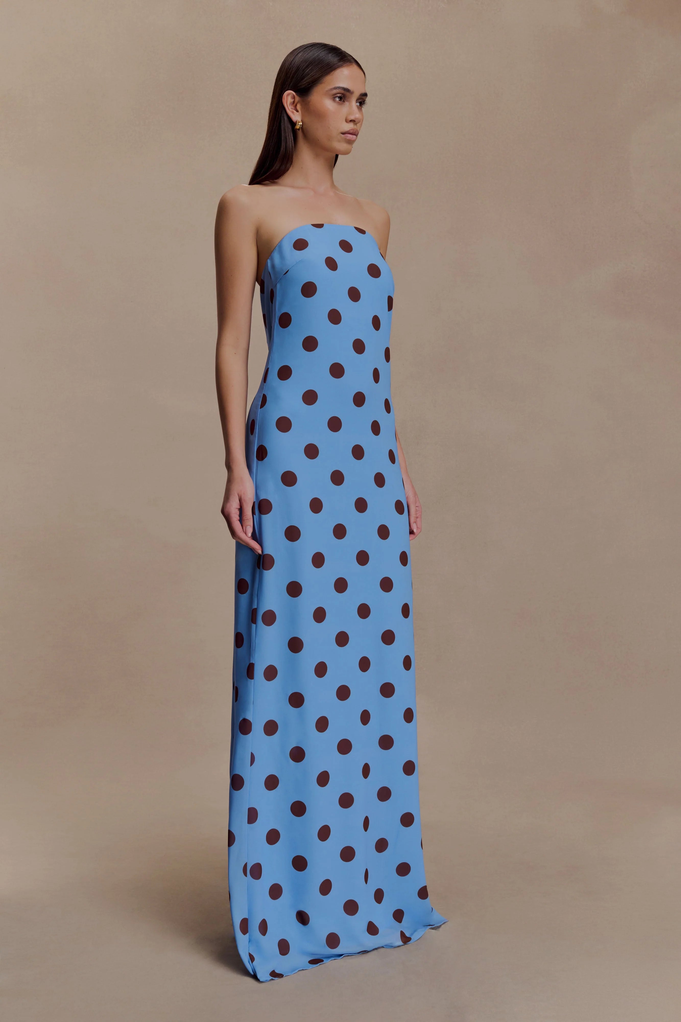 Amaya Strapless Chiffon Maxi Dress - Blue Polka Dot