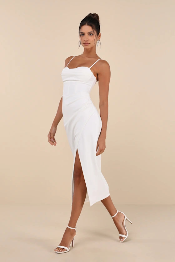 Always Turning Heads White Bustier Tulip Midi Dress