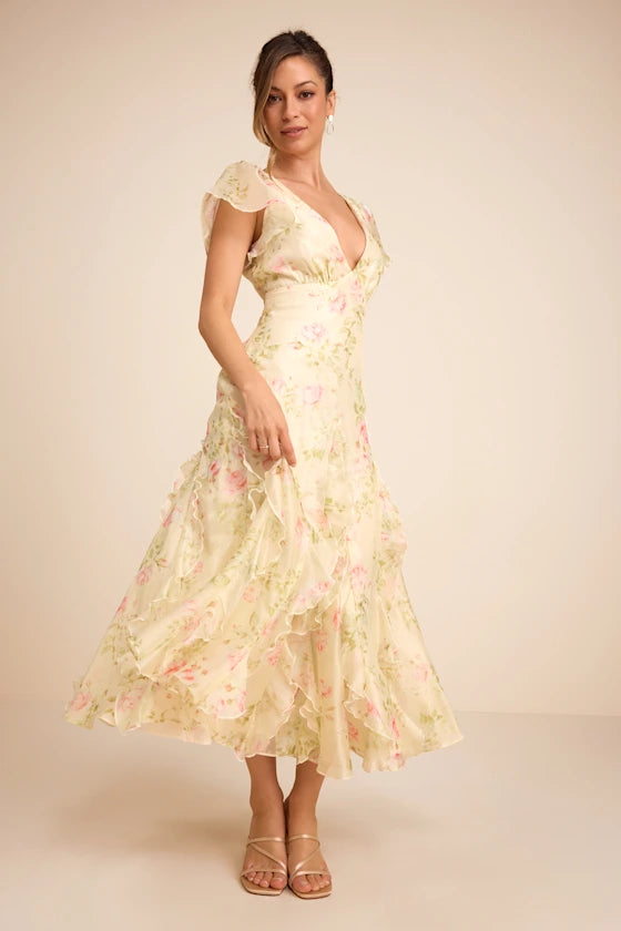 Deluca Light Green Floral Ruffled Midi Dress