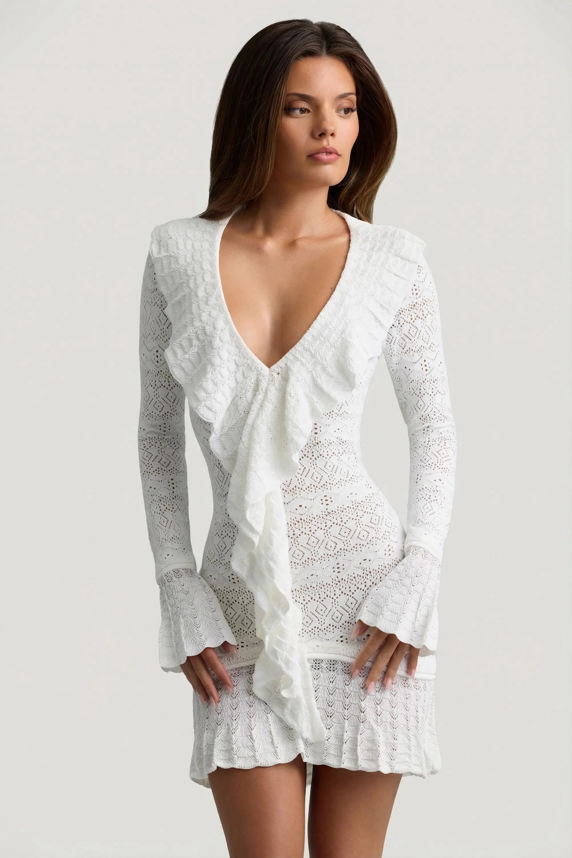 Ruffle-Trim Pointelle-Knit Mini Dress in White