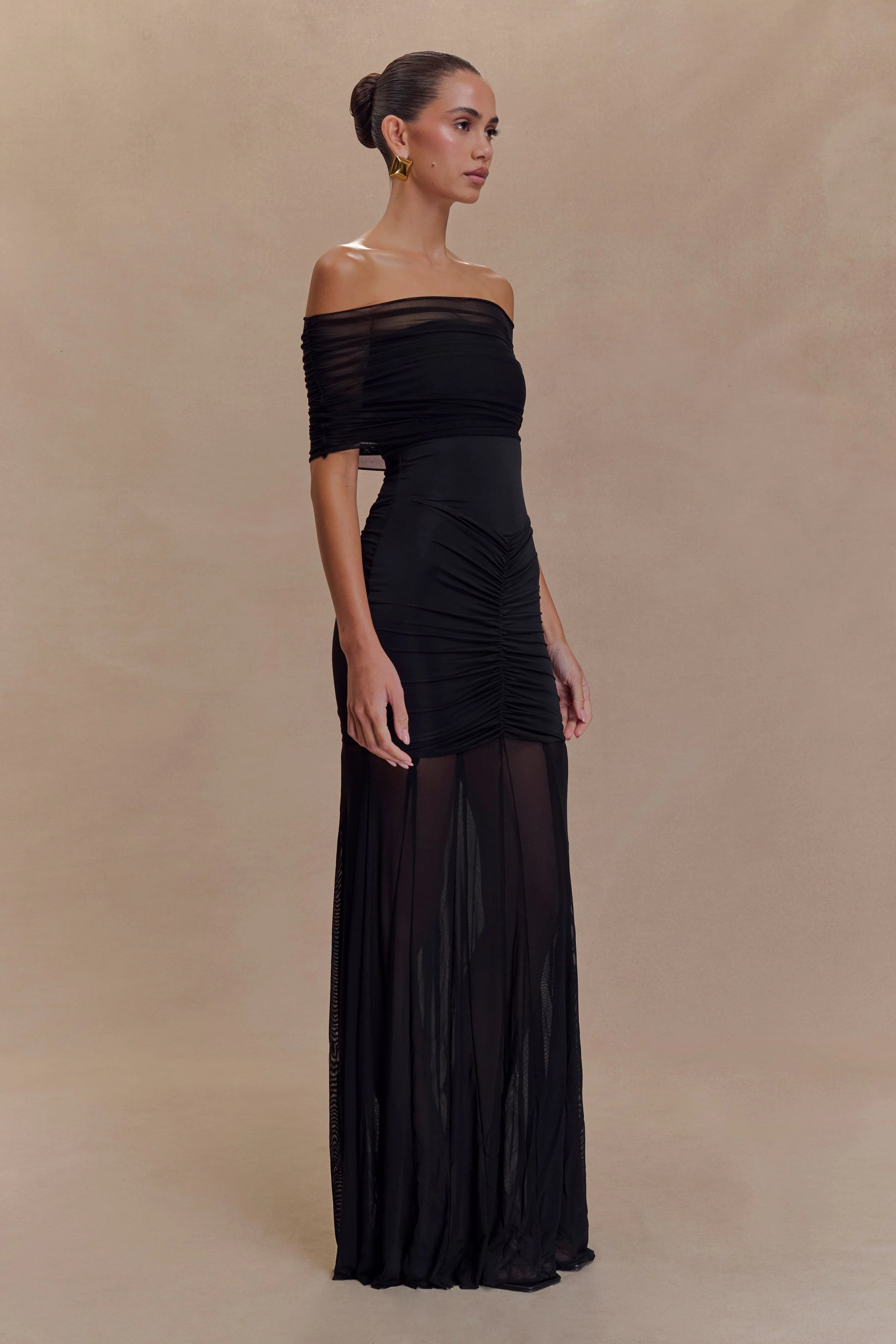 Caspian Slinky And Mesh Off Shoulder Maxi Dress - Black