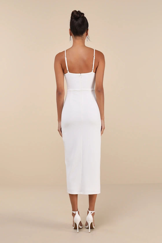 Always Turning Heads White Bustier Tulip Midi Dress