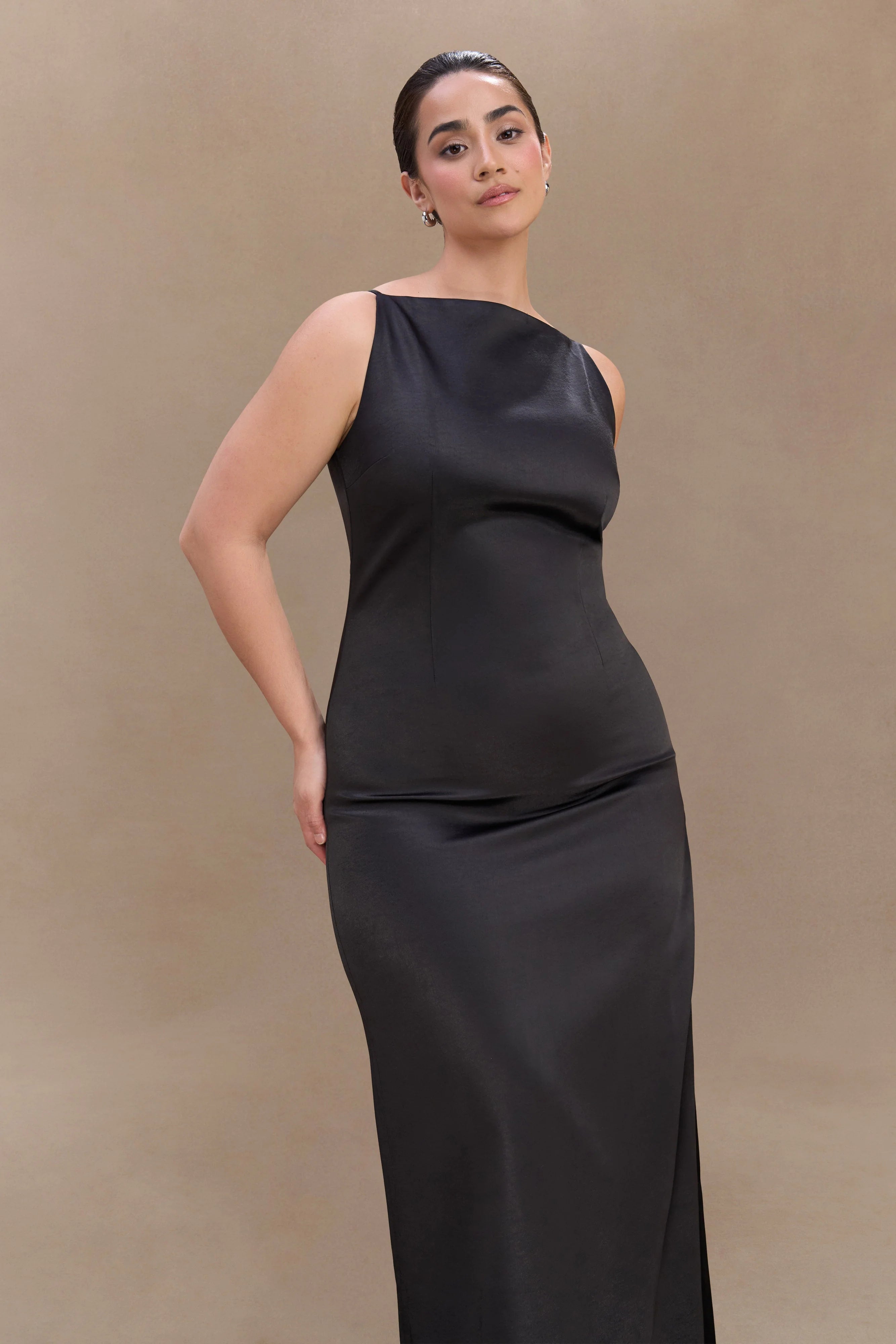 Violet Sleeveless Satin Maxi Dress - Black