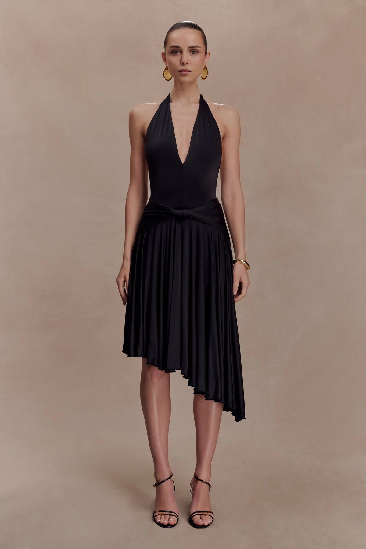 Zelda Asymmetric Slinky Midi Dress - Black