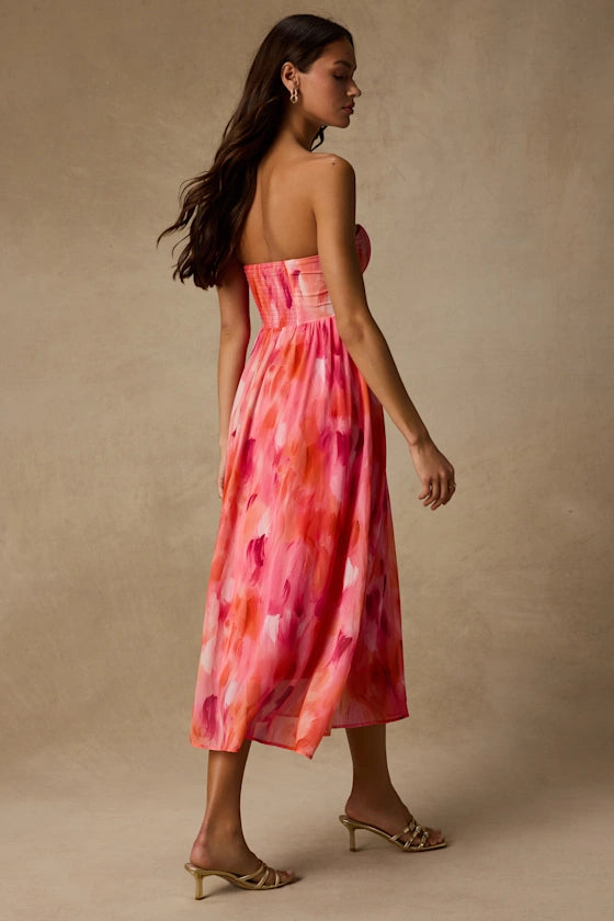 Aysel Coral Pink Abstract Strapless Bustier Midi Dress